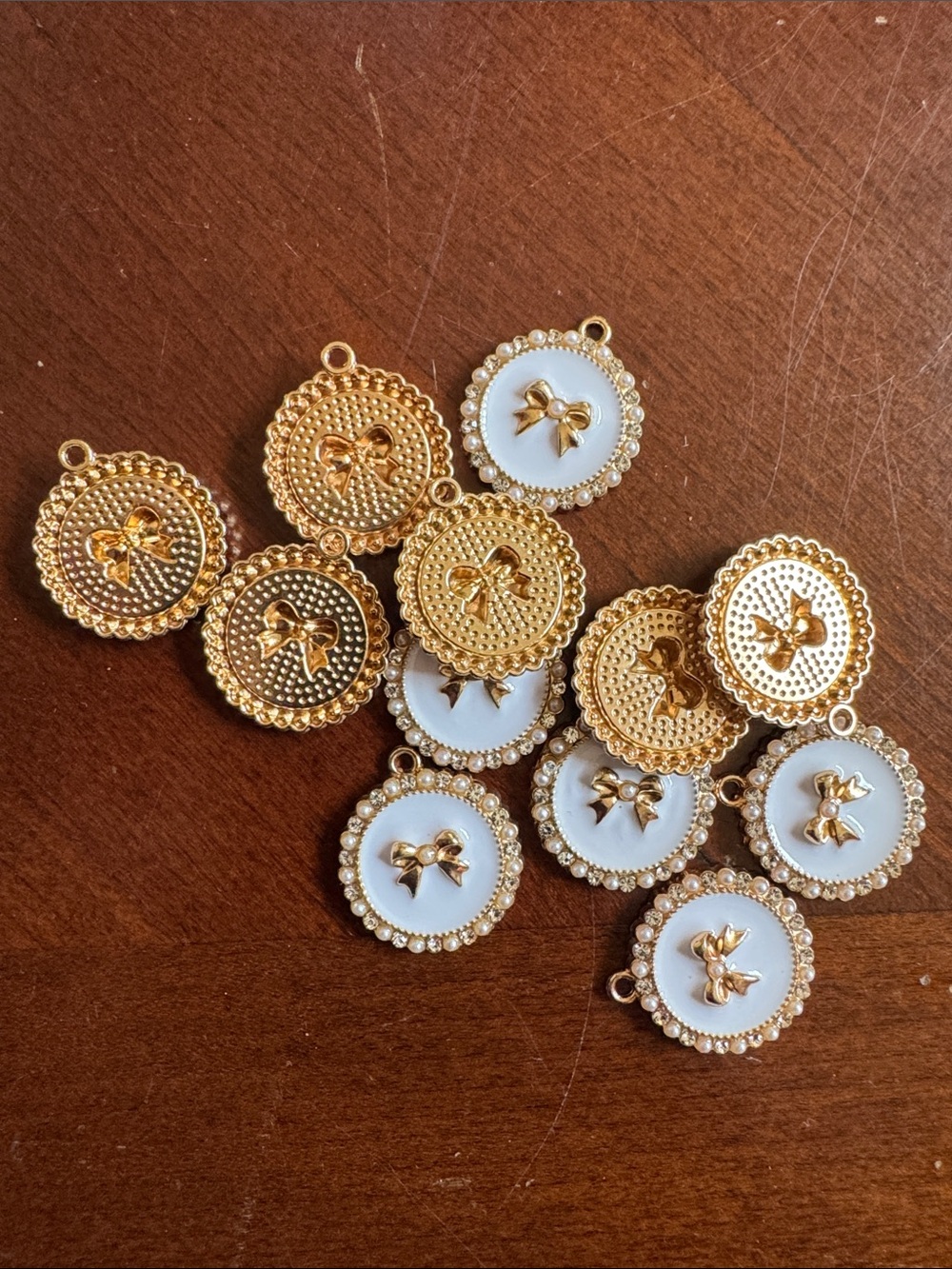 Gold and White Bow Circle Pendant Charm - Women's Jewelry-12